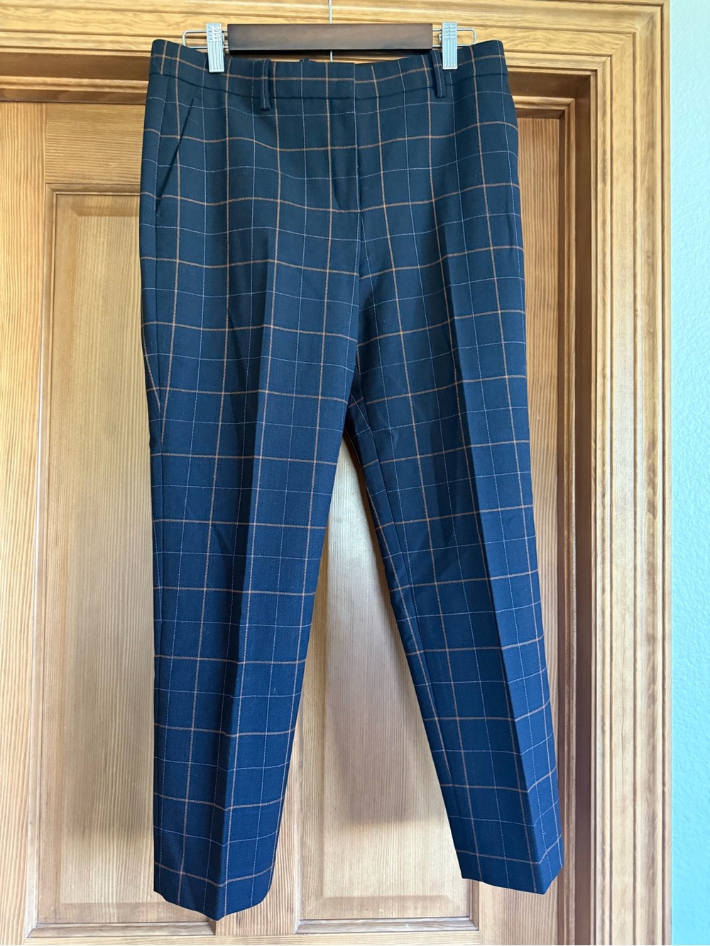 Theory Women's Navy Blue Windowpane Dress Pants with Tan Check